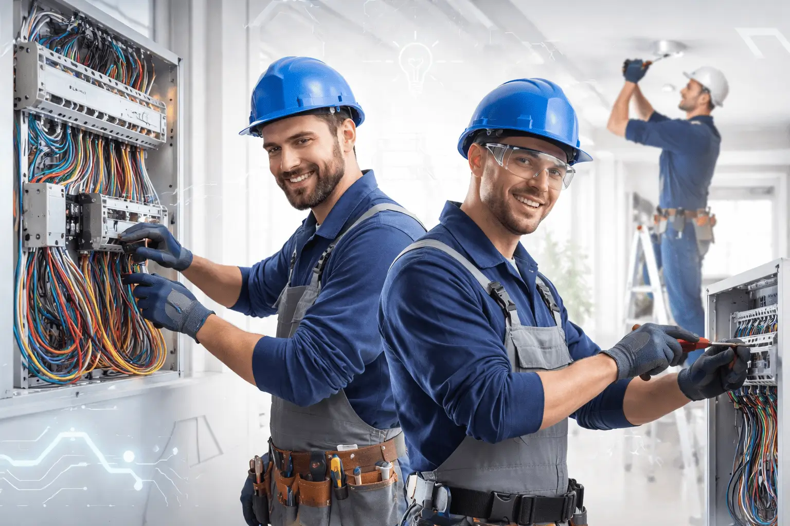 Professional electricians at work, testing panels and installing electrical systems in residential and commercial settings, representing AR Global Contracting & General Maintenance LLC