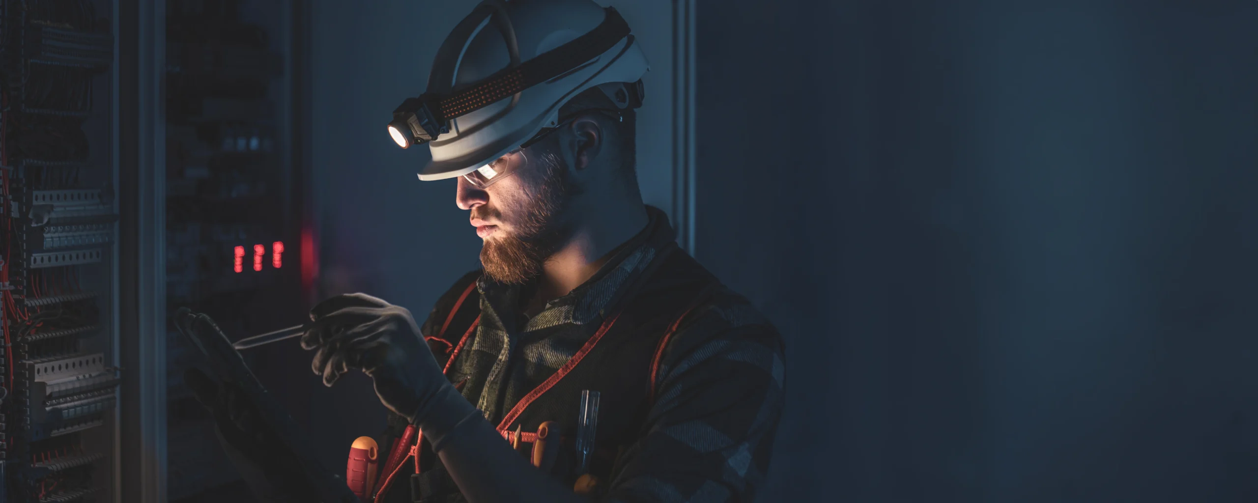 Professional AR Global electrician checking a residential switchboard and fuses using a digital tablet